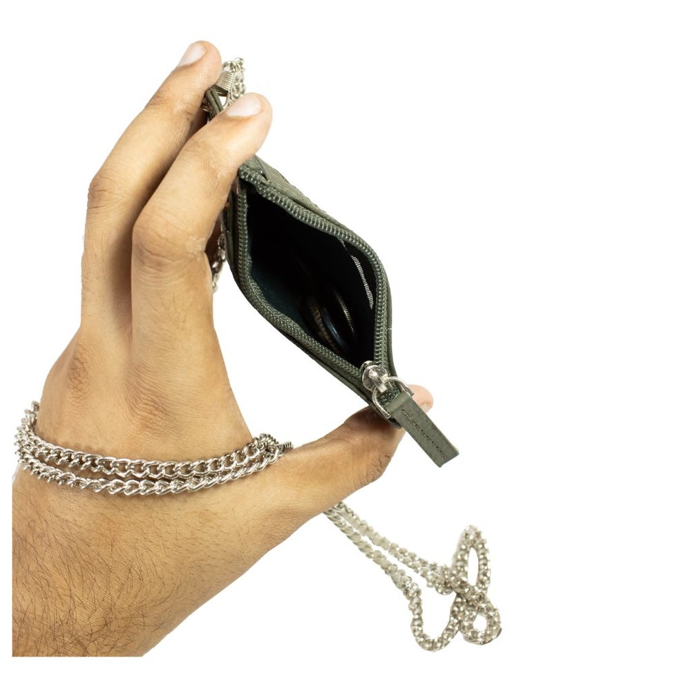 ID Lanyard Card Holder in Genuine Leather with Long Metal Chain - Picture 4 of 10